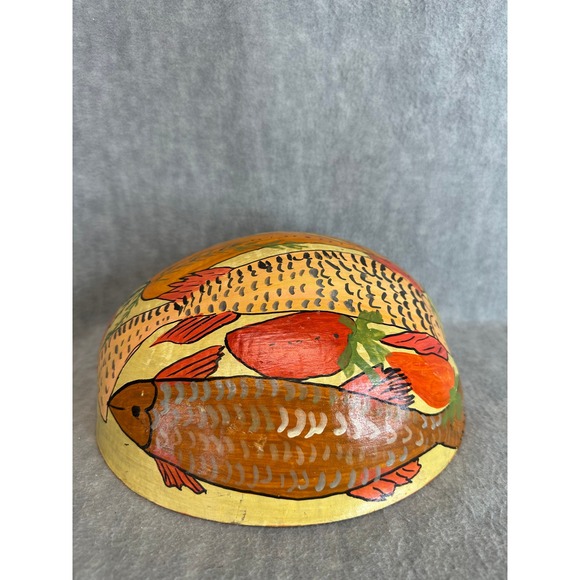 VTG Handcrafted Folk Art Bowl Calabash Gourd Fish and Carrot Primitive Design - Picture 4 of 8